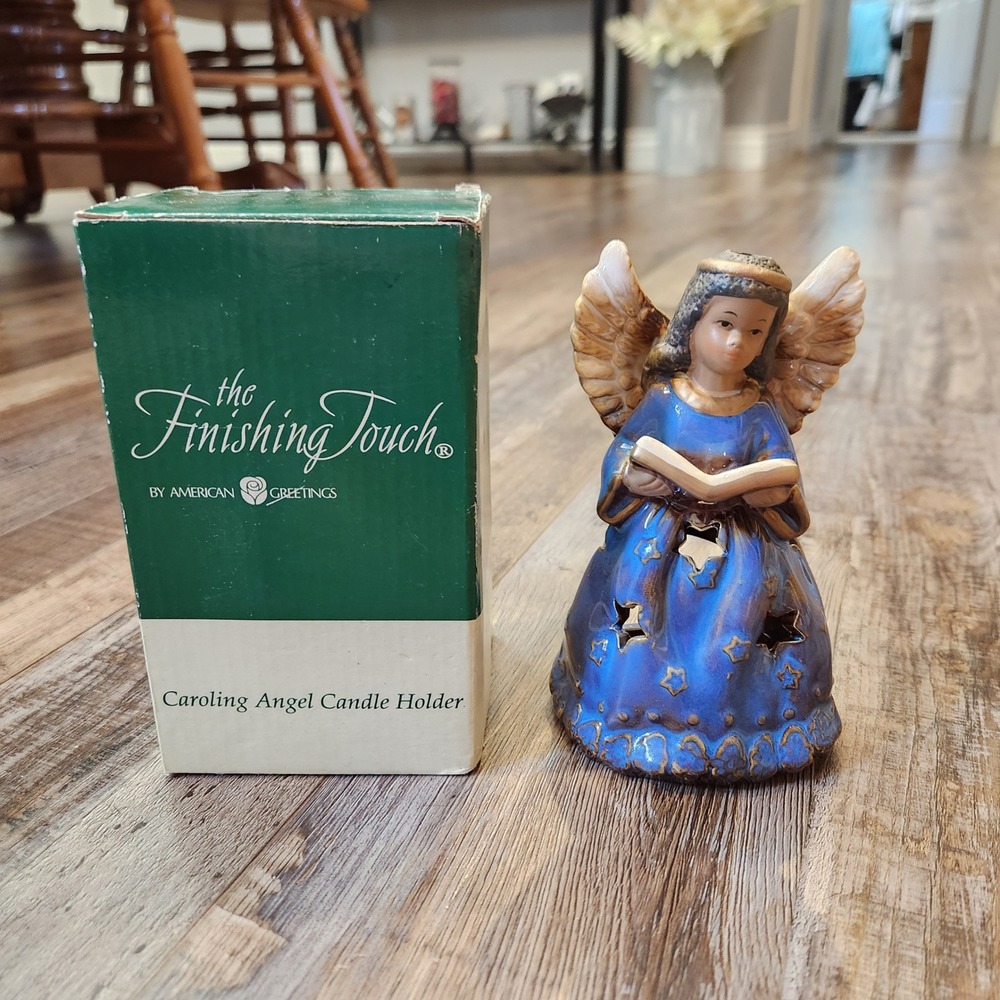 American Greetings Caroling Angel Candle Holder Blue Ceramic Star Cutouts 2006